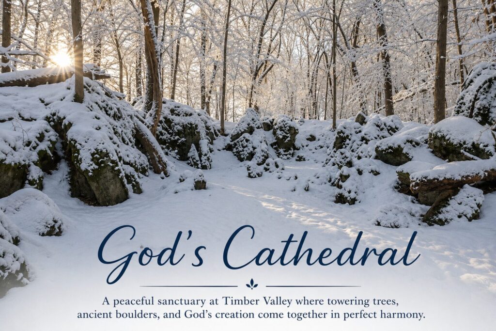 God's Cathedral Maryland covered in fresh snow, surrounded by towering trees and moss-covered boulders at Timber Valley Farm Barn Rental in Clear Spring, Maryland.