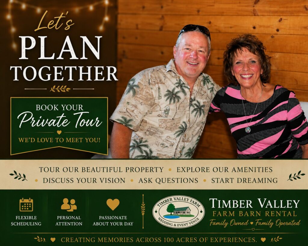 Tom and Karen Grosh inviting engaged couples to schedule a private tour of Timber Valley Farm Barn Rental in Clear Spring, Maryland while planning their wedding ceremony.
