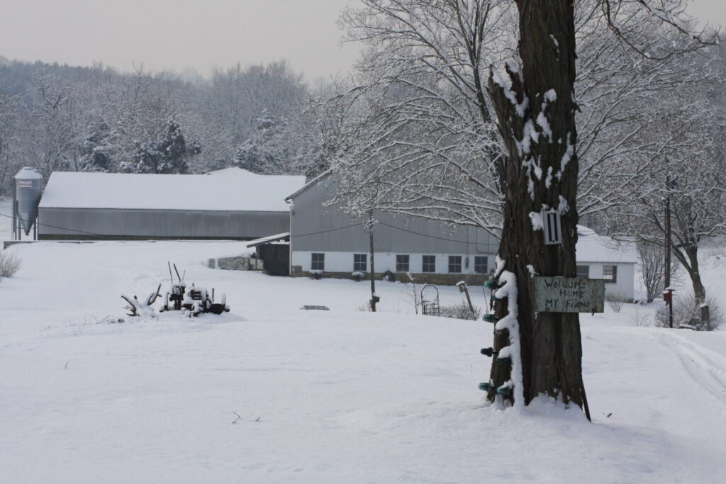 Snow blankets the fields and farm buildings during winter at Timber Valley Farm Barn Rental in Clear Spring, Maryland.