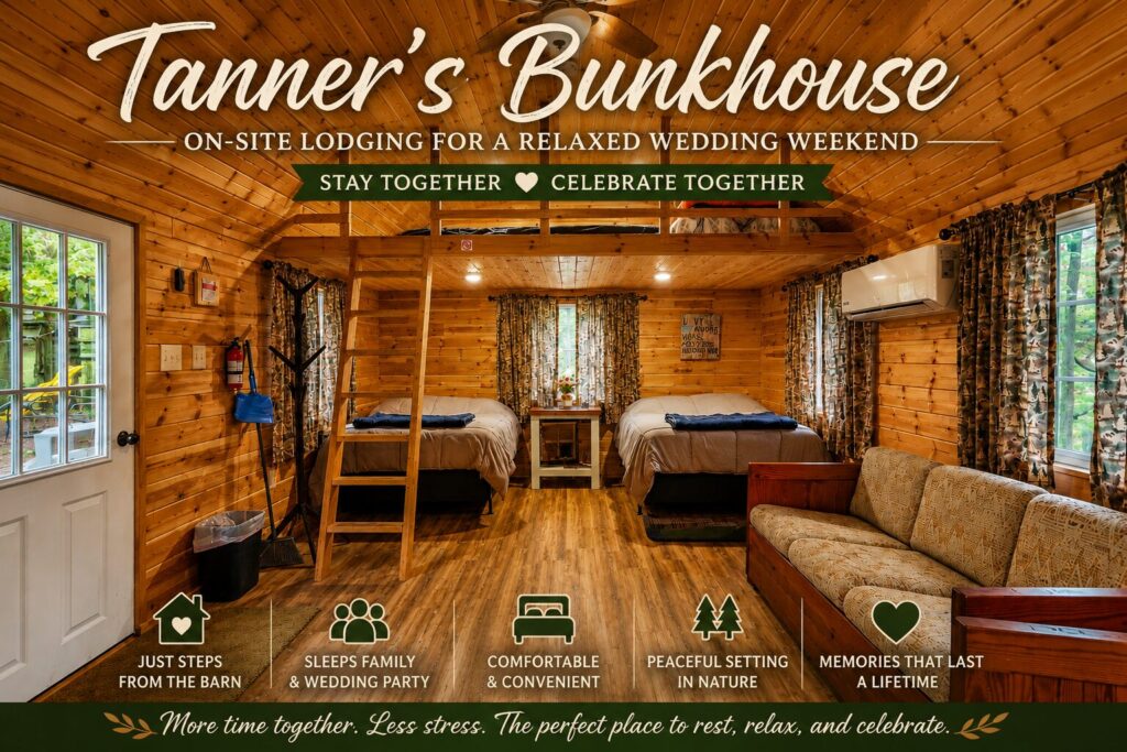 Interior of Tanner's Bunkhouse at Timber Valley Retreat featuring comfortable beds, a sleeping loft, rustic wood interior, and on-site lodging for wedding couples, family, and guests staying near Timber Valley Farm Barn Rental in Clear Spring, Maryland.