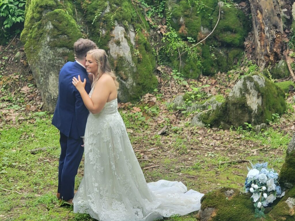 Bride and groom sharing their first look before the ceremony during their Wedding Day Timeline at Timber Valley Farm Barn Rental in Clear Spring, Maryland.