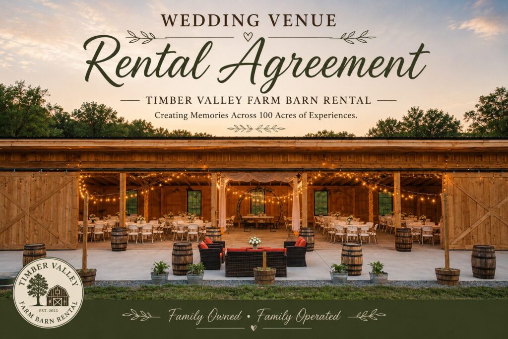 Wedding Venue Rental Agreement for Timber Valley Farm Barn Rental featuring the rustic timber-frame wedding barn in Clear Spring, Maryland, where couples review and electronically sign their venue rental agreement.