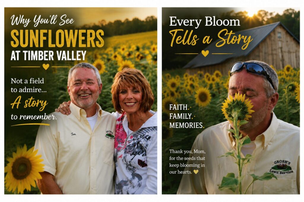 Tom and Karen enjoying a peaceful moment among sunflowers, sharing the heartfelt story behind Sunflowers at Timber Valley Farm Barn Rental in Clear Spring, Maryland.
