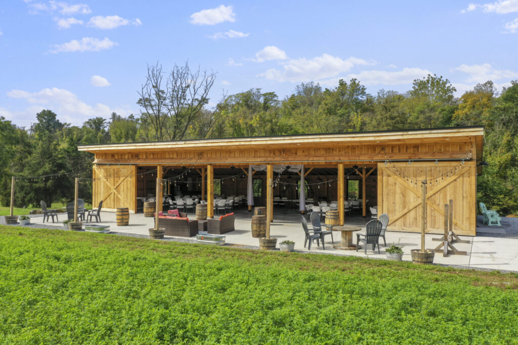 Timber Valley Virtual Tour showing the rustic timber-frame barn patio and grounds in Clear Spring Maryland