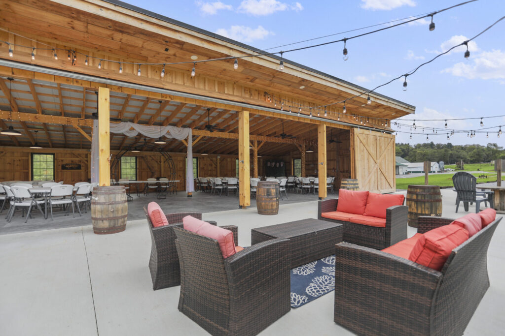 Wedding Venue for Guests Maryland with outdoor patio, lawn, timber-frame barn, and countryside for guests to enjoy at Timber Valley Farm Barn Rental