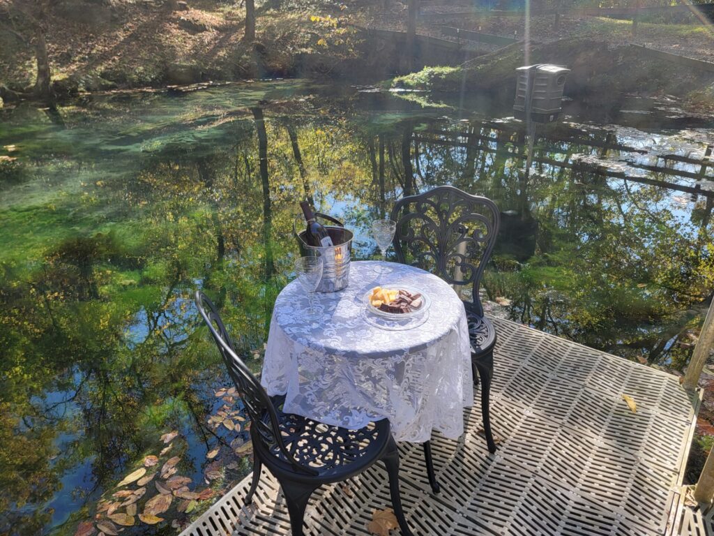 Romantic proposal location Maryland with a table for two beside the spring-fed pond at Timber Valley Farm Barn Rental