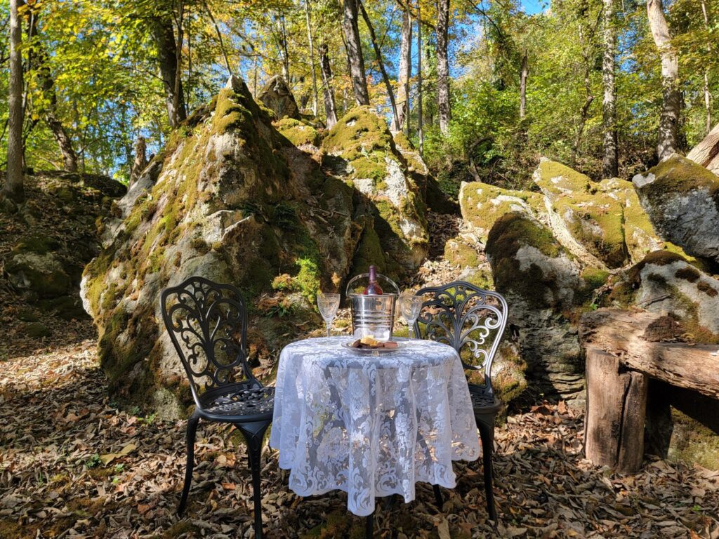 Proposal Photography Western Maryland at The Cove with a romantic table for two among moss-covered boulders and trees at Timber Valley. Maryland Proposal Photography Location