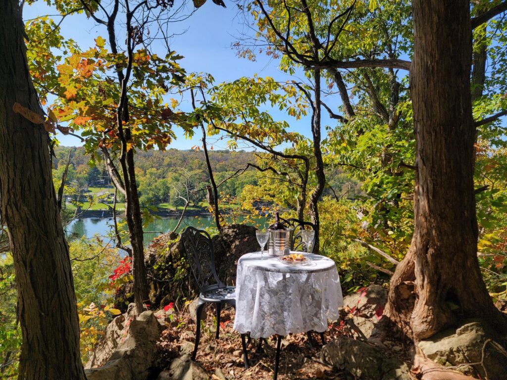 Romantic Proposal Location Maryland with a table for two overlooking the landscape at Timber Valley Farm Barn Rental