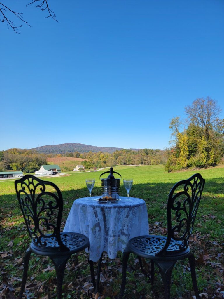 Proposal Photography Western Maryland setting with a table for two overlooking open fields and distant hills at Timber Valley Farm Barn Rental