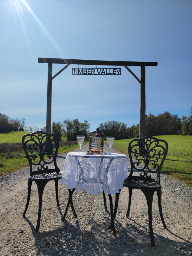 Maryland Proposal Photography setting with a table for two beneath the Timber Valley entrance sign at Timber Valley Farm Barn Rental
