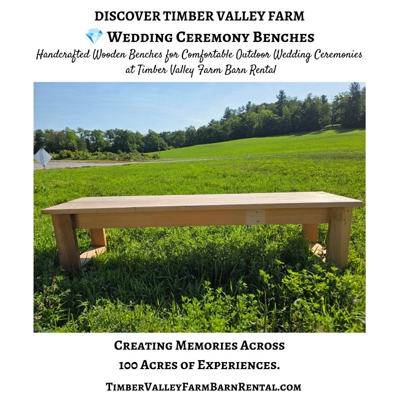 Outdoor Wedding Benches handcrafted from wood for comfortable guest seating at Timber Valley Farm Barn Rental in Clear Spring, Maryland.