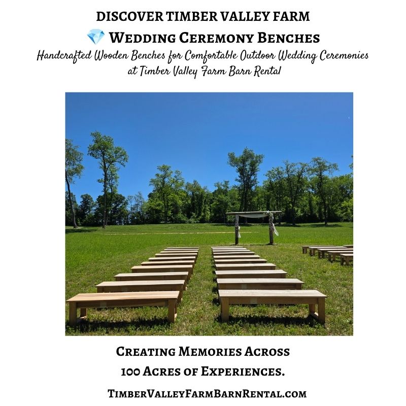 Wedding Ceremony Benches handcrafted from wood and arranged for an outdoor ceremony at Timber Valley Farm Barn Rental in Clear Spring, Maryland.