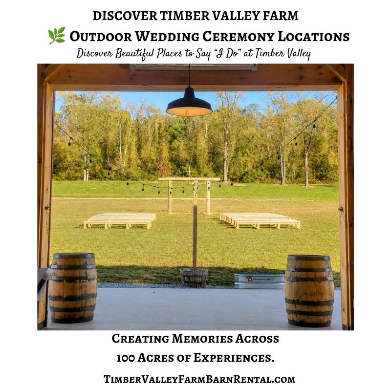 🌿 Outdoor Wedding Ceremony Locations
Outdoor Wedding Ceremony Locations at Timber Valley Farm Barn Rental give couples the opportunity to exchange vows surrounded by the natural beauty of our 100-acre property in Clear Spring, Maryland. From an open countryside setting to a peaceful woodland location, each ceremony space offers its own character and a chance to create a meaningful beginning to your wedding day.