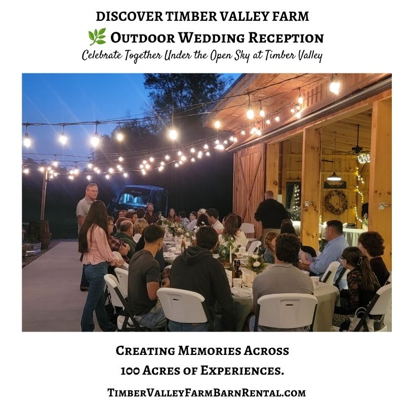 🍽️ Outdoor Wedding Receptions
Celebrate Together Under the Open Sky at Timber Valley
There is something special about gathering your favorite people around a table, enjoying good food, sharing stories, and celebrating beneath the evening sky.