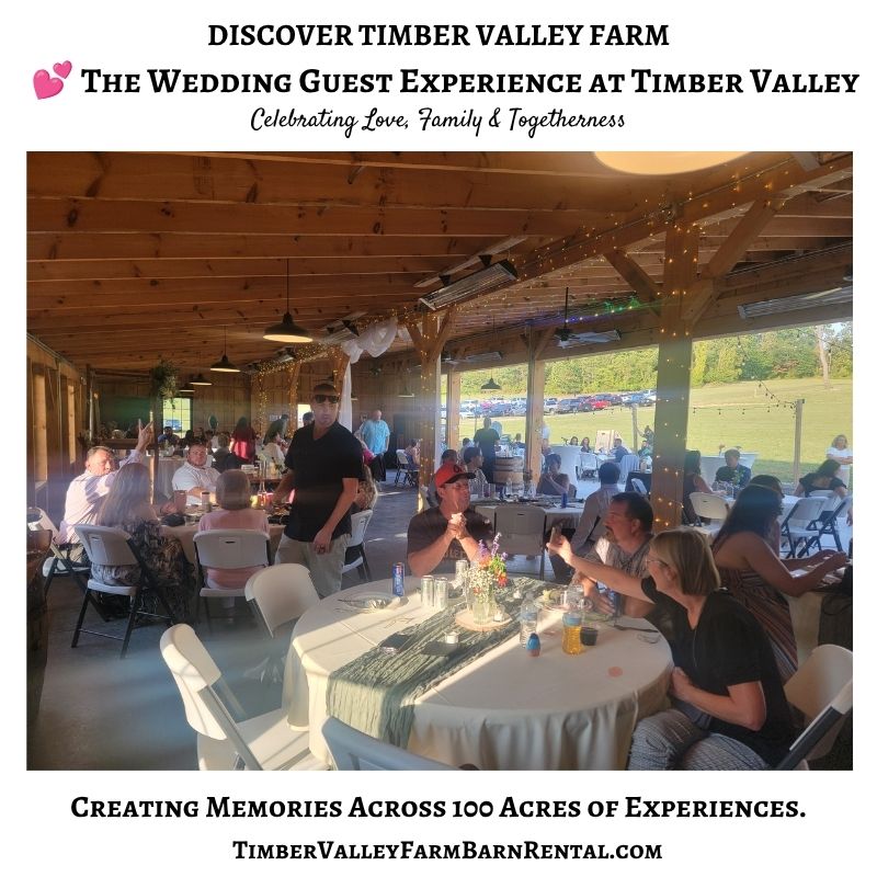 Wedding guests enjoying a reception at Timber Valley Farm Barn Rental after a couple's private marriage ceremony, gathered around tables inside the timber-frame barn