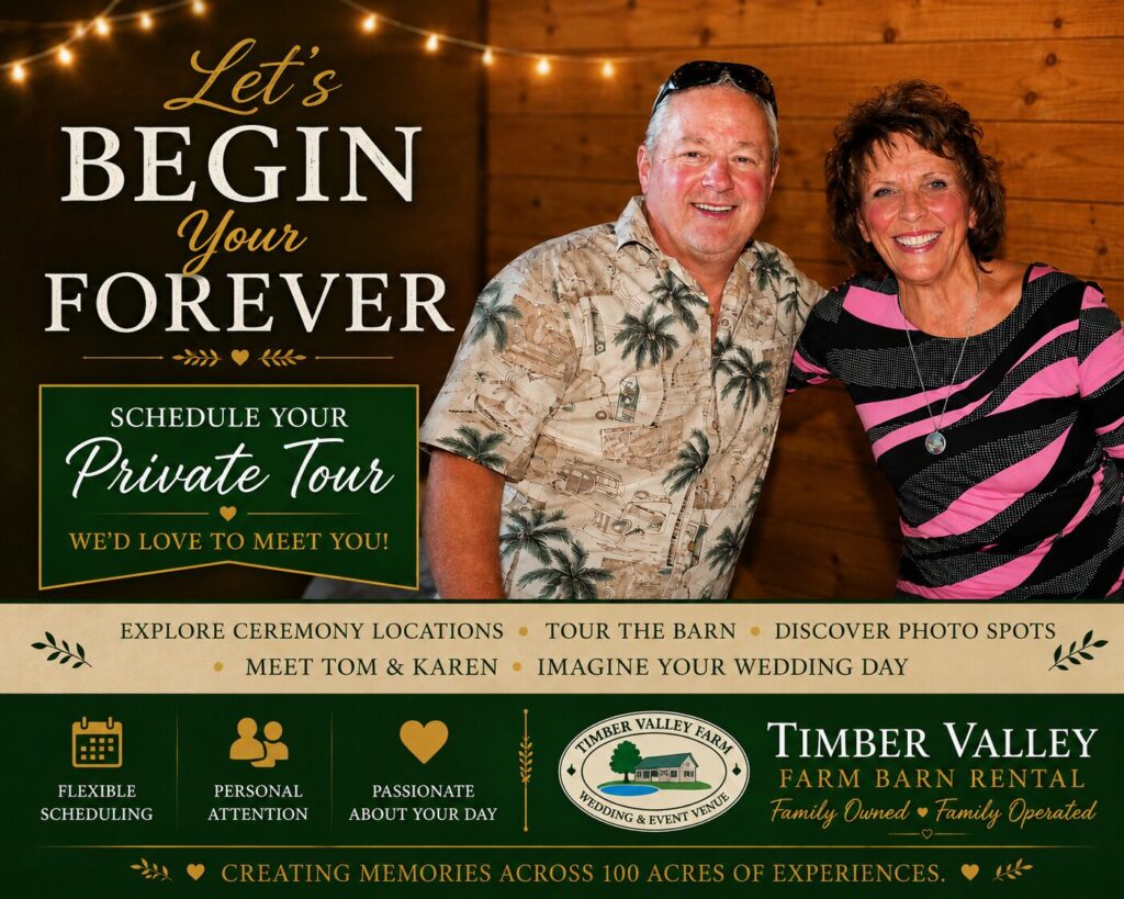 Tom and Karen Grosh invite couples to plan a private tour of Timber Valley Farm Barn Rental and explore beautiful outdoor ceremony locations, the handcrafted timber frame barn, and scenic wedding photo locations in Clear Spring, Maryland.