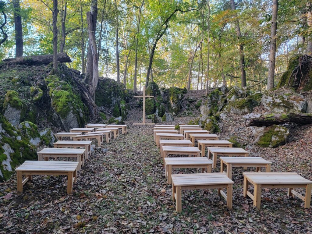 Wedding Ceremony Benches arranged for an outdoor ceremony at God's Cathedral at Timber Valley Farm Barn Rental in Clear Spring, Maryland.