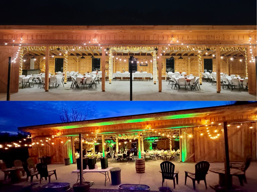 Wedding Guest Experience Maryland with guests gathering on the Timber Valley Farm Barn Rental patio during a daytime reception and evening celebration