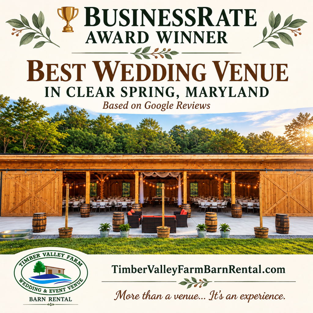 Timber Valley Farm Barn Rental receives BusinessRate recognition as Best Wedding Venue in Clear Spring, Maryland, based on Google reviews.