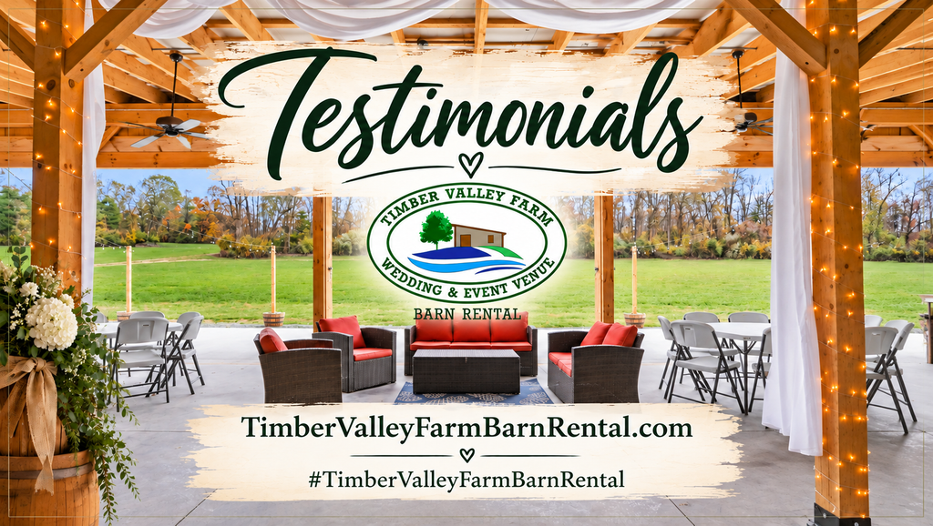 Timber Valley Farm Barn Rental testimonials graphic featuring the timber-frame barn, venue logo, and website.